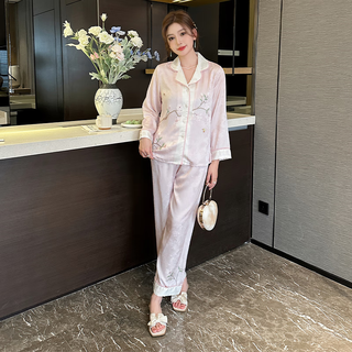 达芬奇密码 睡衣女士家居服2024春夏冰雪丝花边提花两件套礼盒装 春兰弥香 紫粉 L