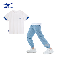 美津浓 Mizuno儿童户外运动套装休闲男女中大童短袖防蚊裤简约休闲两件套T2101 白+蓝 150CM（75-85斤)