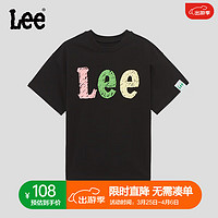 李 Lee儿童短袖T恤2024春夏圆领前胸印花套头舒适宽松棉质上衣童装 黑色 160cm