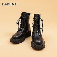 DAPHNE 达芙妮 黑色马丁靴女冬季加绒2024新款真皮厚底小个子增高保暖短靴