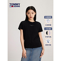 TOMMY JEANS【美式休闲】24春夏女装纯棉平纹针织净色刺绣T恤17828 黑色BDS S