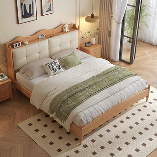 木月实木床北欧极简风双人主卧室软包排骨架婚床 1.8米单床 实木单床