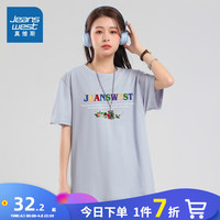 真维斯女装上衣 2024春季圆领多彩英文图案女生纯棉短袖T恤KC 浅蓝8510 160/80A/XS