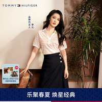 TOMMY HILFIGER【李沁同款】 24春夏女条纹刺绣宽松V领短袖POLO衫41889 粉白条纹0D8 S (:100-110斤)