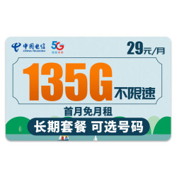 CHINA TELECOM 中国电信 广进卡 29元月租（135G流量+长期套餐+可选号码+畅享5G信号）值友赠2张20元E卡