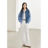 【2024春装】撞色明线牛仔色拼接针织衫女式毛衣外套