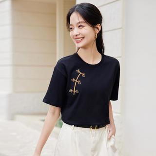 INMAN 茵曼 新中式纯棉舒适百搭短袖女24年夏季宽松休闲显瘦圆领t恤上衣女