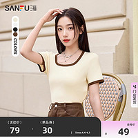 SANFU 三福 短袖t恤女2024新款夏季撞色圆领纯棉时尚小个子内搭上衣女装