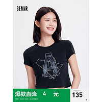 森马（Semir）短袖T恤女短款字母修身潮流2024复古做旧夏装 黑色90001 155/80A/S