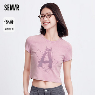 森马（Semir）短袖T恤女短款字母修身潮流2024复古做旧夏装 玫红60167 160/84A/M