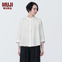 无印良品 MUJI 女式 麻 水洗 立领 七分袖罩衫女士衬衫衬衣夏季款BC2JJA4S 米白色条纹 L （165/88A）