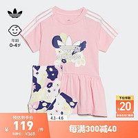 adidas 阿迪达斯 印花运动圆领短袖套装女婴童阿迪达斯三叶草HC1966 粉/白/粉/酸橙绿/靛蓝 104CM