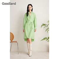 YINER 音儿 Goodland美地2024春季新款抽褶小立领收腰连衣裙 果绿 40