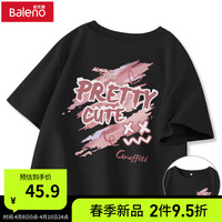 班尼路班尼路黑色纯棉短袖T恤女2024夏季短款别致春季上衣宽松女装 黑-粉涂鸦字+粉涂鸦字B M
