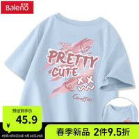 班尼路班尼路黑色纯棉短袖T恤女2024夏季短款别致春季上衣宽松女装 雾霾蓝-粉涂鸦字+粉涂鸦字B L