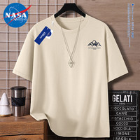 NASA ADIMEDAS短袖T恤男纯棉圆领宽松半袖吸汗宽松休闲潮牌时尚印花上衣 杏色(雪山灰X) 4XL(170-190斤)