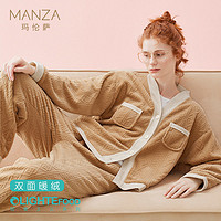 manza 玛伦萨 慵懒纹理小香风V领开襟暖绒口袋保暖厚长袖睡衣女士家居服