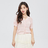 Roem 罗燕 夏季时尚夏款淑女甜美百搭肌理设计感V领短袖针织开衫上衣