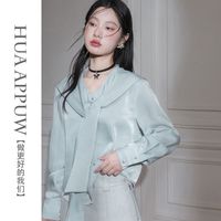 画朴法式清冷感缎面绑带领衬衫女装2024春季高级感长袖上衣潮