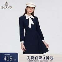 E·LAND 衣恋 Eland衣恋长袖连衣裙女藏青色显瘦蝴蝶结通勤职业裙子夏季