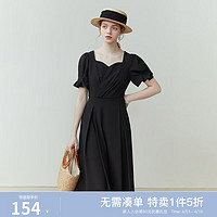 范思蓝恩23FS12204法式方领连衣裙女夏收腰显瘦气质裙子 黑色 XS