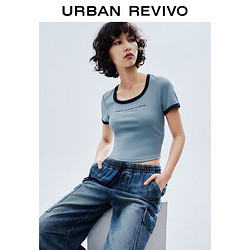 URBAN REVIVO UR2024夏季新款女装美式潮流休闲撞色圆领字母T恤衫UWV440121 雾霾蓝 S
