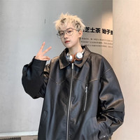 主野（ZHU YE）皮衣男春秋季oversize美式复古痞帅感炸街pu皮夹克男潮流机车外套 黑色 L【110-130斤】