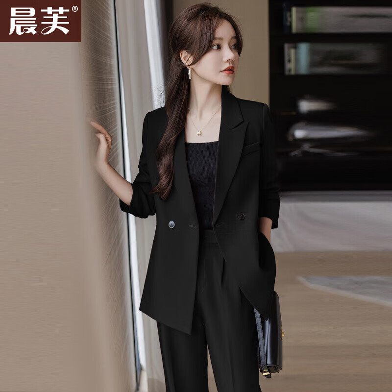 晨芙休闲西装套装女春秋气质职业装女神范工作服正装时尚宽松西服外套 (常规)黑色外套+阔腿裤 L (105-120斤)