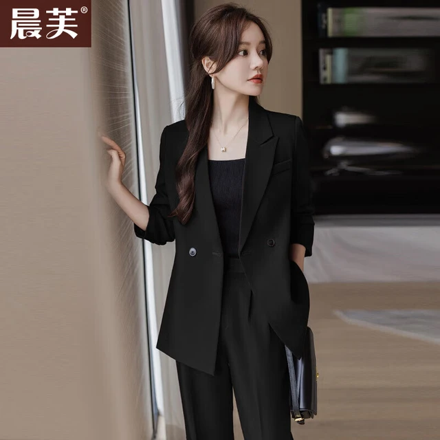 晨芙休闲西装套装女春秋气质职业装女神范工作服正装时尚宽松西服外套 (常规)黑色外套+阔腿裤 L (105-120斤)