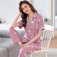 俏丽雅（qiaoliya）夏季纯棉睡衣女短袖长裤开衫女士外穿套装中年薄款大码 666 XL