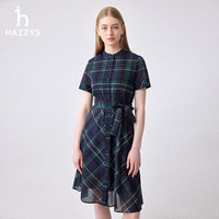 哈吉斯(HAZZYS)女装 2024夏季女士大格纹立领优雅连衣裙女AQWSC0BBC04 藏青色NV 165/88A 40