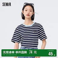 Semir 森马 短袖T恤女刺绣撞色上衣个性2023夏季新款宽松时尚条纹衫复古