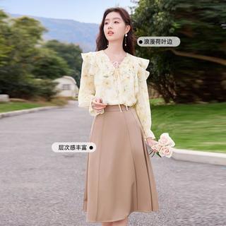 X.YING 香影 碎花雪纺衫女小飞袖上衣设计感系带v领衬衫