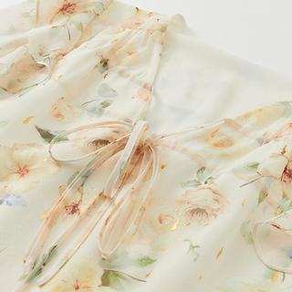 X.YING 香影 碎花雪纺衫女小飞袖上衣设计感系带v领衬衫