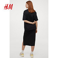 H&M 女装半身裙秋装碎褶开叉设计感气质高腰中长裙0960507 黑色 155/64A