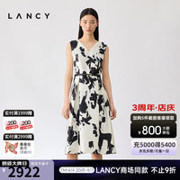 朗姿2024夏季水墨印花v领连衣裙晕染伞裙系带高腰a字裙女 米白色 2XL