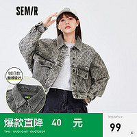 Semir 森马 牛仔外套女蝙蝠袖插肩袖春秋冬宽松老花夹克翻领做旧复古 黑色调0499 165/88A/L