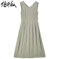 佐丹奴裙子女装压褶梭织圆领无袖背心连衣裙 05464327 55苔绿 L
