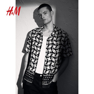 H&M男装2024春季短驳领休闲标准版型莱赛尔古巴领衬衫1210433 浅米色/图案 170/92A S
