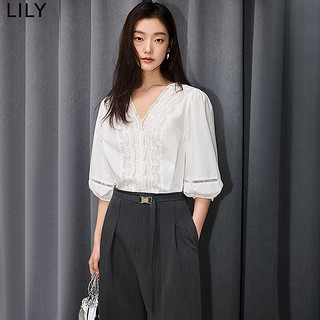 LILY 2024夏女装舒适全棉气质温柔浪漫都市通勤套头雪纺衫衬衫 601白色 M