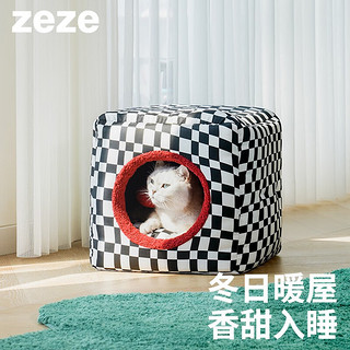 zeze 猫窝冬季保暖猫咪加厚猫床猫屋全封闭四季通用可拆洗宠物窝 黑白格纹宠物保暖屋 适合15斤以内猫咪