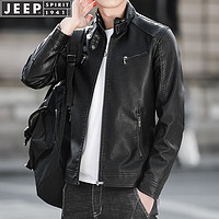 JEEP SPIRIT吉普夹克男春秋季外套皮衣百搭户外复古休闲立领男装 黑色 XL  XL-（125斤-140斤）