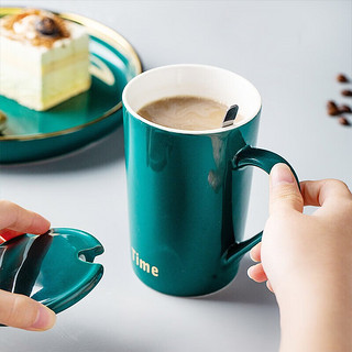 瓷魂 陶瓷带盖马克杯咖啡杯办公室喝水杯带勺子大容量牛奶杯 绿色 绿色带盖带勺