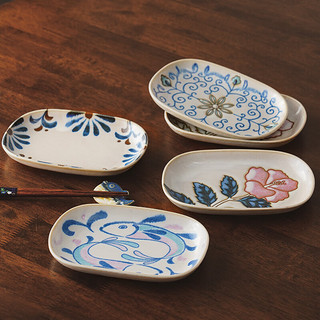 美浓烧 日式饺子盘子家用陶瓷长方形盘子进口手绘风创意异形