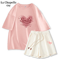 La Chapelle City 拉夏貝爾短袖套裝甜美風兩件套 粉水彩心+全碼通用
