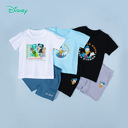 Disney 迪士尼 童装儿童套装卡通米奇米妮时尚短袖套装柔软舒适 白+雾蓝-冒险米奇 160cm