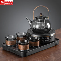 正扬电陶炉煮茶器烟灰玻璃烧水壶泡茶套装功夫茶具大容量茶杯防烫保温 经典黑烟灰圆满+4灰竹环长琴胡黑