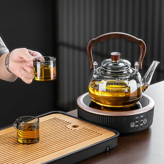 正扬电陶炉煮茶器玻璃泡茶壶家用耐高温提梁烧水壶围炉养生壶茶具套装 春鸣黑如意提烟灰六把杯架琴韵黑