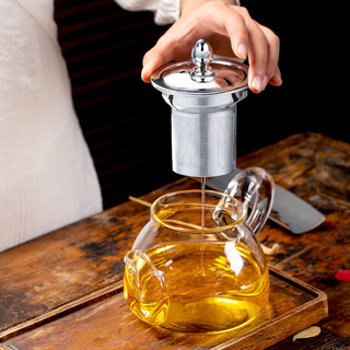 一品工坊 耐高温加厚玻璃茶壶过滤耐热泡茶壶花茶壶家用茶具茶杯套装 如意壶白把 600ml
