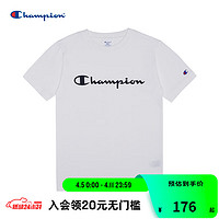 Champion 冠军T恤夏季新款纯棉胶印草写logo休闲纯色运动短袖T恤男女情侣款 白色 L